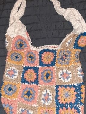 Crochet Granny Square Patchwork Tote Bag Pink, Blue, Tan, Gold American Flirt